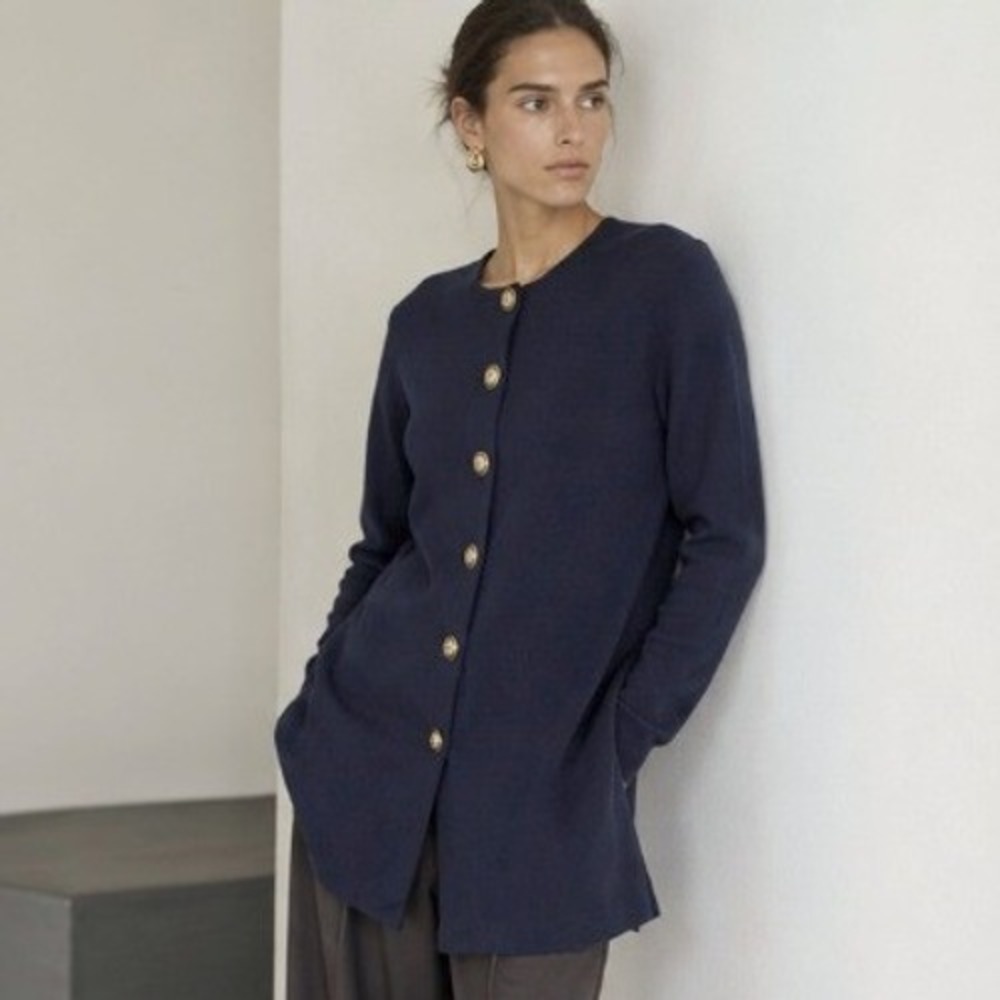 Vintage St. John Marie Gray Santana Knit Cardigan Jacket Blazer Small Navy Blue